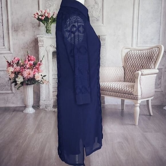 LAUNDRY by Shelli Segal Blue Embroidered Collared Long Sleeve Shirt Dress Size 2 - Picture 5 of 12